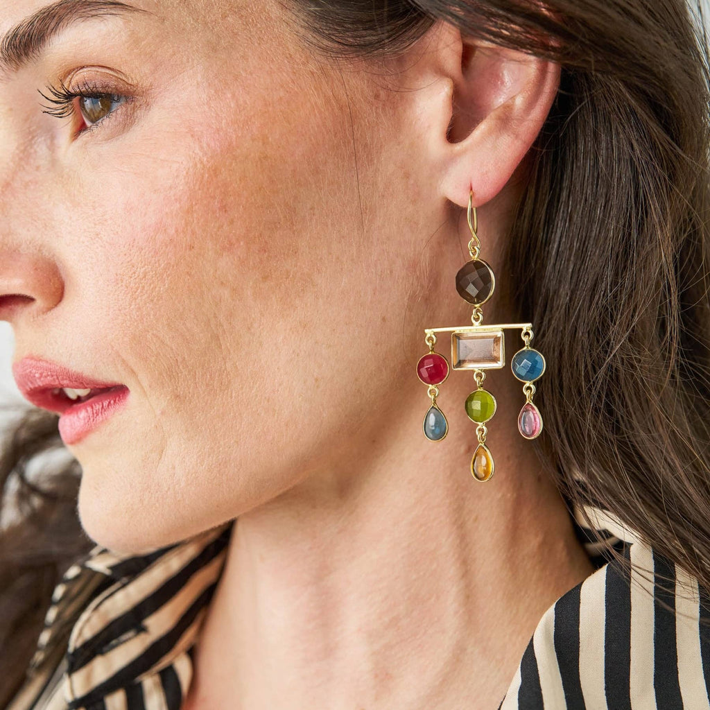 INK + ALLOY - Estelle Large Chandelier Glass + Smoky Quartz Stone Earrings Brass